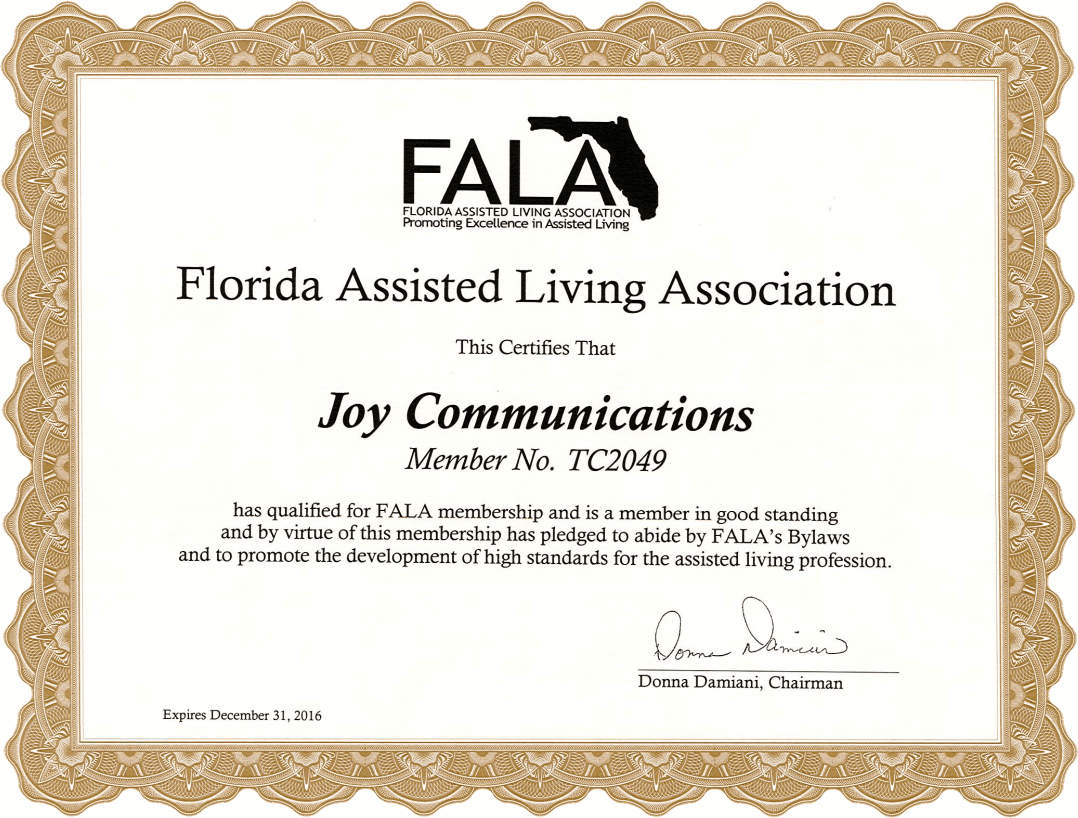 Florida Assisted Living Association Member Certificate # TC2049