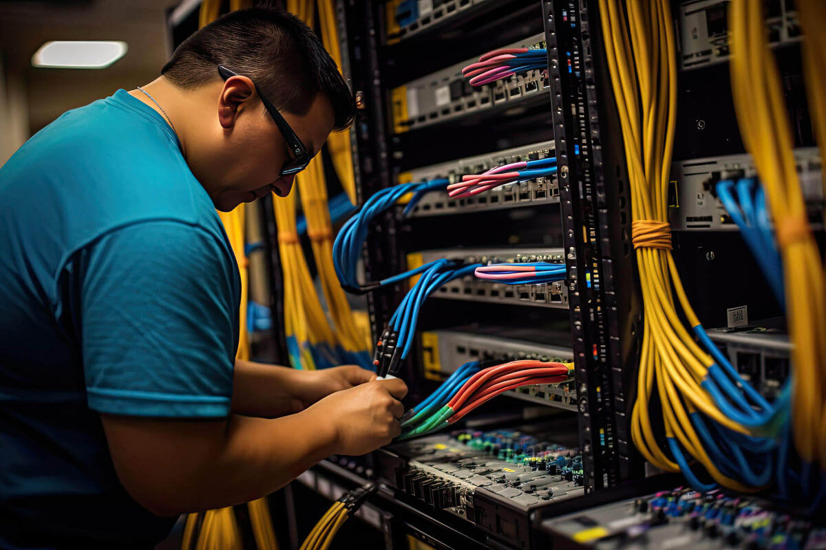 Professional infrastructure and cabling installation at construction site