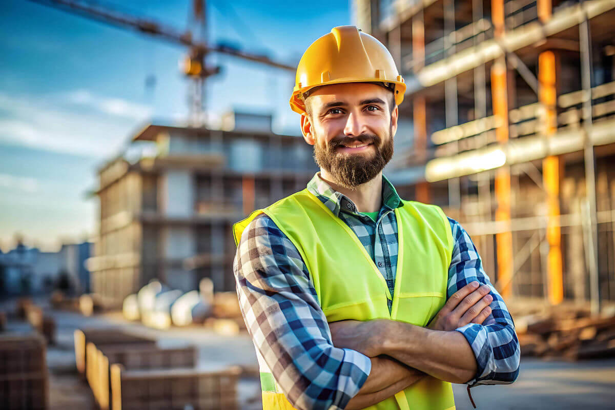 Smiling male engineer standing with arms crossed at construction site