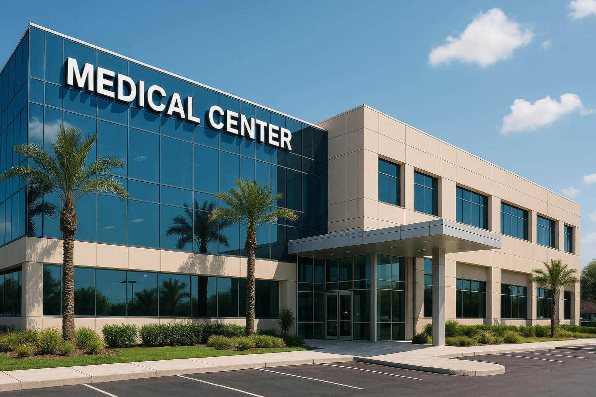 Bright daylight highlights a modern medical center with large glass windows and stone accents
